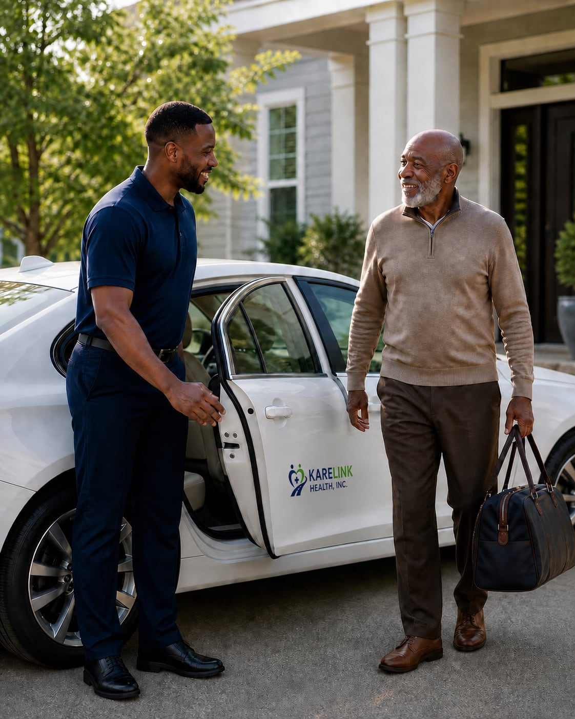 A courteous transportation driver welcoming an older passenger beside a clean white sedan