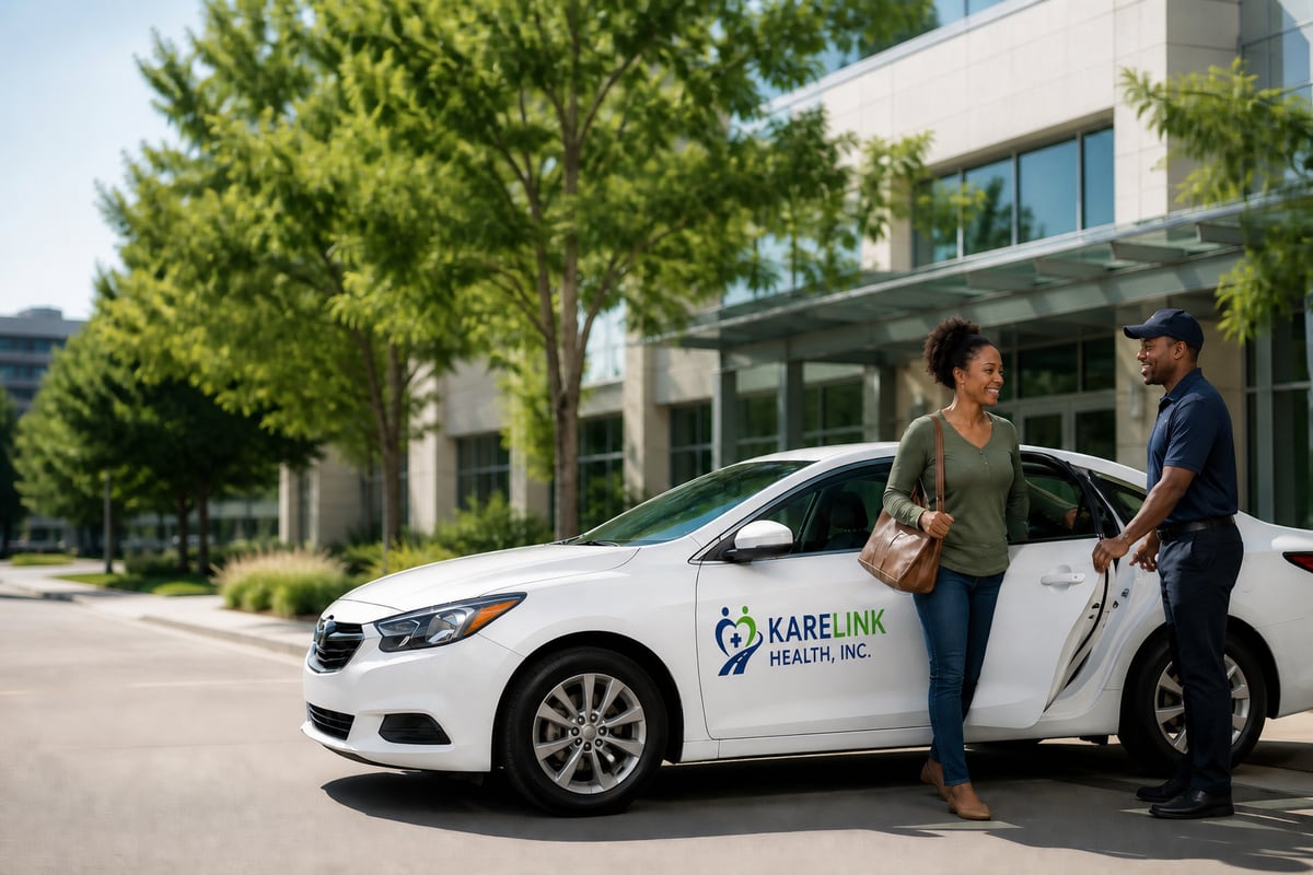 Karelink transportation driver assisting a passenger beside a white sedan outside a medical facility